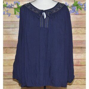 Lane Bryant Women's Dark Blue Blouse 18/20 Beaded Embroidered Keyhole Neckline